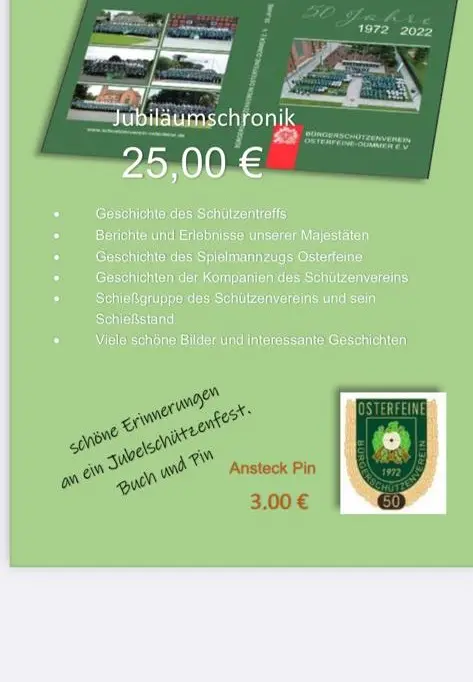 Die Jubiläumschronik 50 Jahre Schützenverein Osterfeine mit der Anstecknadel des Vereins