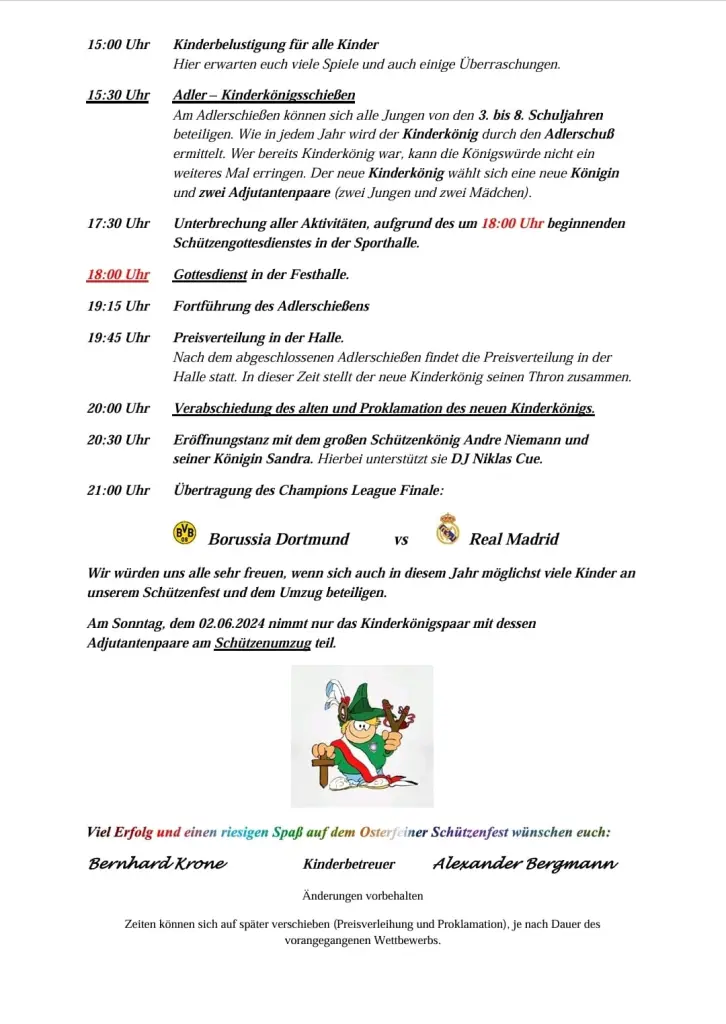 Einladung zum Kinderschützenfest 2024, Seite 2: Programm von 15 Uhr (Kinderbelustigung, Adlerschießen) bis 21 Uhr (Proklamation des Kinderkönigs, Eröffnungstanz), unterschrieben von den Kinderbetreuern Bernhard Krone und Alexander Bergmann