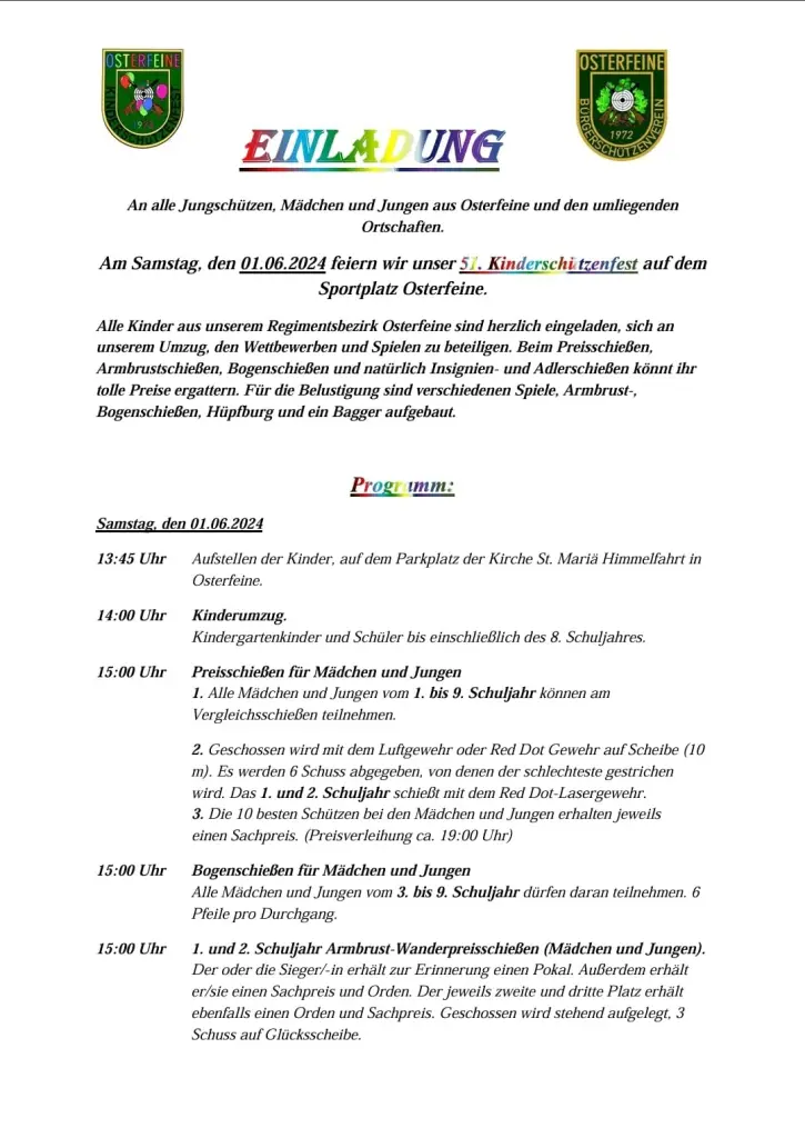 Einladung zum 51. Kinderschützenfest am 1. Juni 2024 auf dem Sportplatz Osterfeine, Seite 1: Programm von 13:45 Uhr (Aufstellen an der Kirche) bis 15 Uhr (Preisschießen, Bogenschießen, Armbrustschießen)